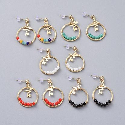 Pendientes de vidrio facetado, con alambre de cobre, colgantes de latón latidos, hallazgos de aretes de bronce, tuercas de plástico y caja de cartón