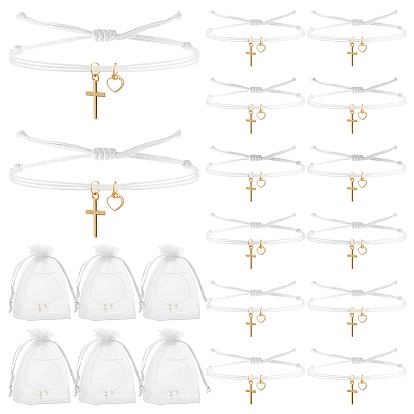 60шт. браслеты с подвесками из сплава и нержавеющей стали, плетеные браслеты из нейлонового шнура для женщин, крест и сердце, с подарочными пакетами из органзы