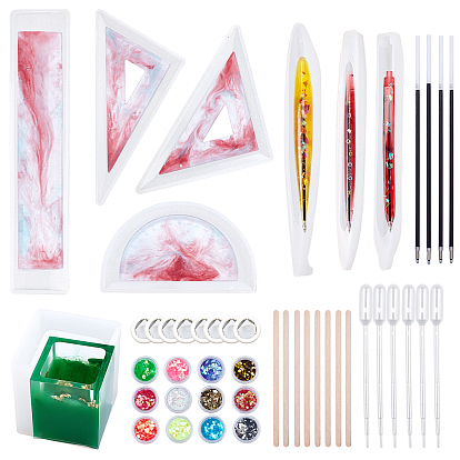 Kits de moules en silicone pour papeterie à faire soi-même, moules de résine, avec recharges pour stylo bille, Nail art sequins / paillette et bâtons de crème glacée artisanale en bois de bouleau