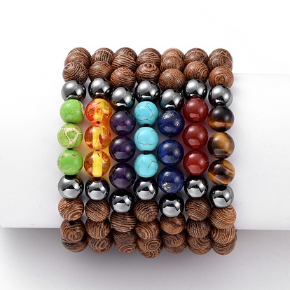 Adjustable Nylon Cord Braided Bead Bracelets, with Natural & Synthetic Gemstone, Non-Magnetic Synthetic Hematite Beads and Wood Beads