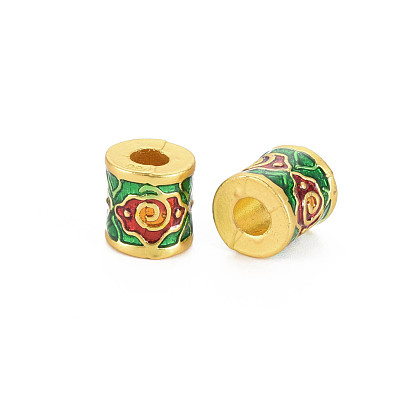 Rack Plating Alloy Enamel European Beads, Large Hole Beads, Long-Lasting Plated, Matte Style, Cadmium Free & Nickel Free & Lead Free, Column with Flower