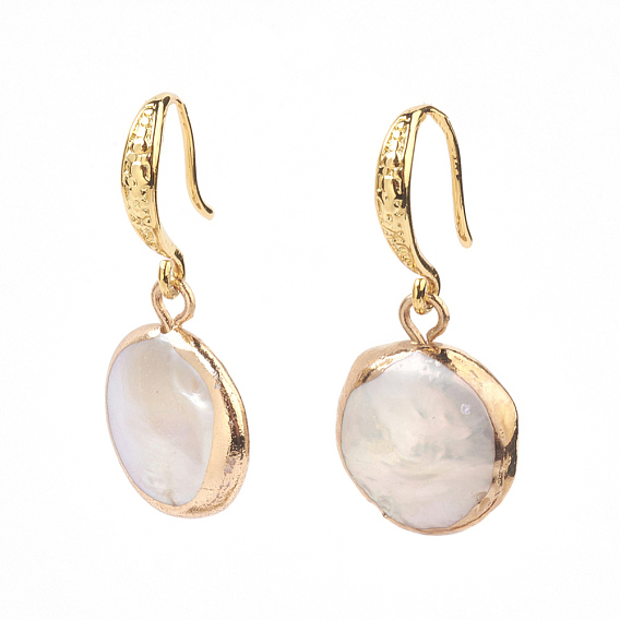 Plated Natural Baroque Pearl Keshi Pearl Beads Dangle Earrings, with Brass Finding, Flat Round