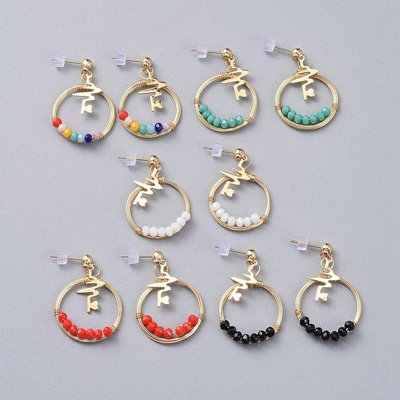 Facettiertes Glas baumeln Ohrringe, mit Kupferdraht, Herzschlag Messing Anhänger, Messing Ohrstecker Erkenntnisse, Kunststoffohrmuttern und Kartonverpackung