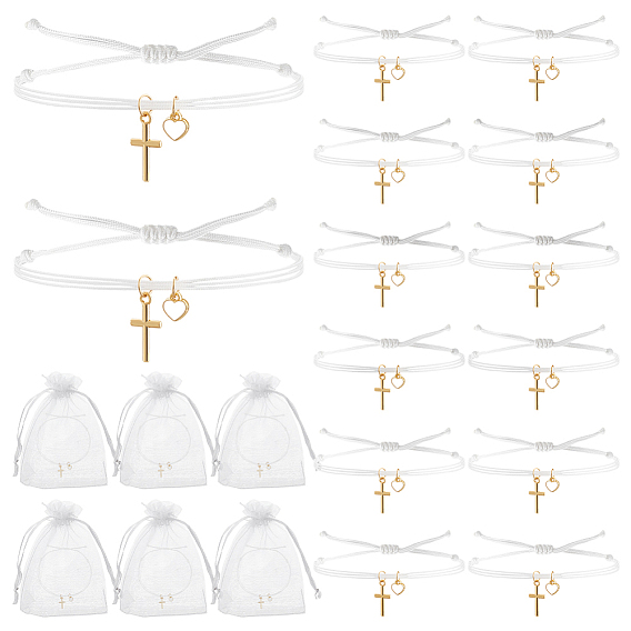 60шт. браслеты с подвесками из сплава и нержавеющей стали, плетеные браслеты из нейлонового шнура для женщин, крест и сердце, с подарочными пакетами из органзы