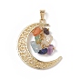 7 Chakra Natural Mixed Gemstone Chip Pendants, Light Gold Plated Alloy Moon Charms