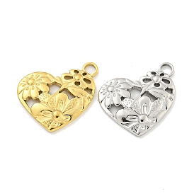 Vacuum Plating 304 Stainless Steel Pendants, Heart with Flower Charms