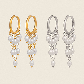 304 Овальные серьги-люстры из нержавеющей стали, с пресноводным жемчугом