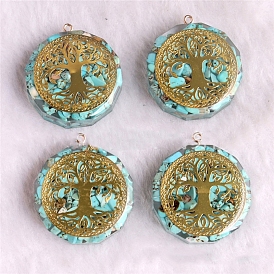 Dyed Synthetic Turquoise Chip Resin Pendants, Polygon Charms with Golden Plated Tree of Life Iron Slices