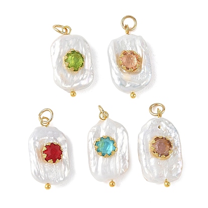 Natural Baroque Keshi Pearl & Glass Pendants, with 304 Stainless Steel Open Jump Rings, Rectangle with Flat Round Pattern Charms, Golden