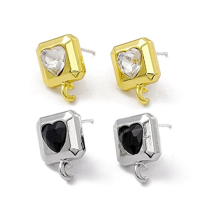 Rack Plating Alloy Stud Earring Findings, with Rhinestone, 925 Sterling Silver Pins and Vertical Loops, Cadmium Free & Lead Free, Square with Heart