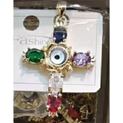 Brass Micro Pave Cubic Zirconia Pendants, Evil Eye & Cross Charms, Golden