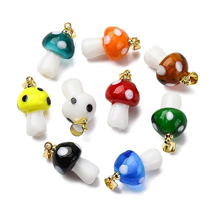 Подвески лэмпворк ручной работы, гриб, с реечной накладкой из латуни с золотистым напылением, долговечный, золотые