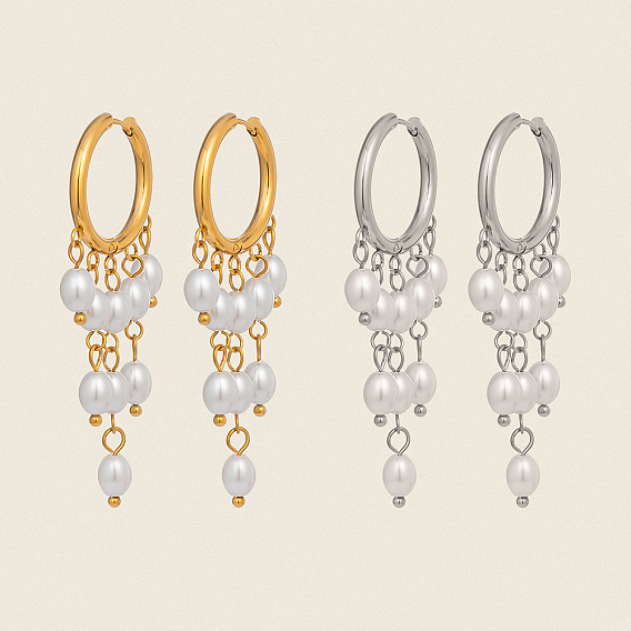 304 Овальные серьги-люстры из нержавеющей стали, с пресноводным жемчугом