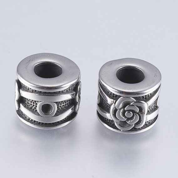 304 Stainless Steel European Beads, Large Hole Beads, Column with Flower