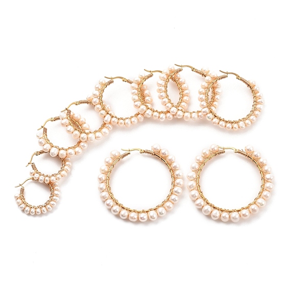 304 Stainless Steel Hoop Earrings Sets, with Potato Natural Cultured Freshwater Pearls and Copper Wire, Ring Shape