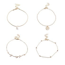4Pcs 4 Style Alloy Chain Anklets Set, Resin Pearl and Flat Round Charm Anklets for Women