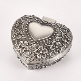 European Classical Princess Jewelry Boxes, Alloy Carved Flower Jewelry Boxes, for Craft Gift, Heart, Antique Pewter Color