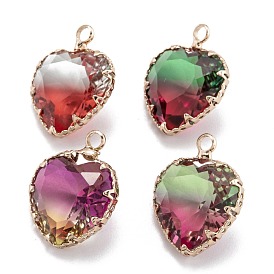 Two Tone Transparent Glass Pendants, with Golden Plated Brass Settings, Faceted, Heart