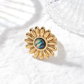 304 открытые кольца манжеты из нержавеющей стали, цветок, с кабошонами оболочки paua