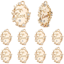 10 шт. подвески из латуни с микропаве из прозрачного кубического циркония ко Дню святого Валентина, без кадмия, без никеля и без свинца, овал с цветком и словом любовь