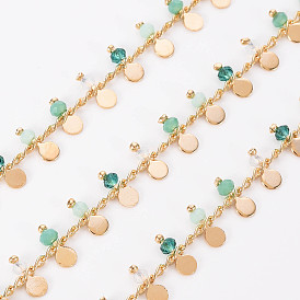 Латунные цепочки ручной работы, со стеклянными бусинами, пайки, катушка, плоские круглые прелести, реальный 18 k позолоченный