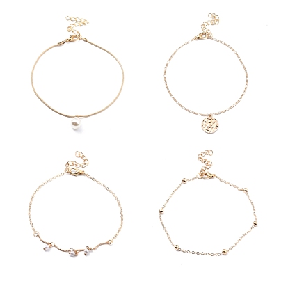4Pcs 4 Style Alloy Chain Anklets Set, Resin Pearl and Flat Round Charm Anklets for Women