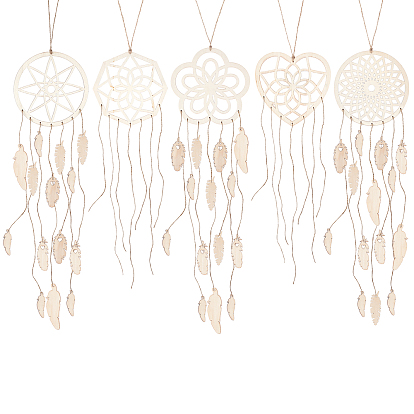 5 Sets 5 Styles Cottonwood Woven Net/Web Pendants Making Kit, with Hemp Ropes, Mixed Shapes