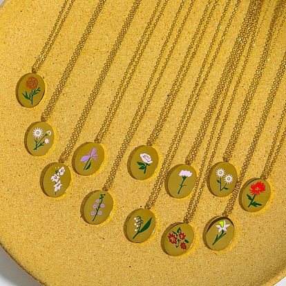 Birth Month Flower Style Titanium Steel Oval Pendant Necklace, Golden