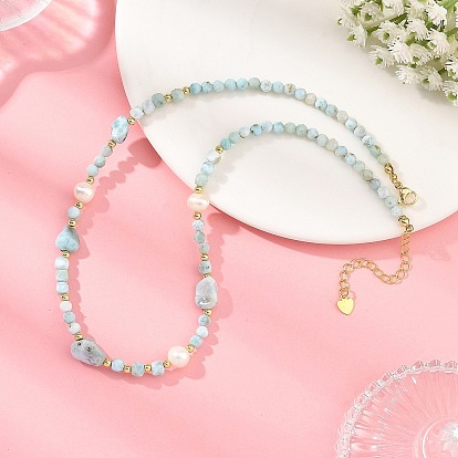 Natural Larimar Beaded Necklaces, with Natural Cultured Freshwater Pearl Beads, Rack Plating Brass Beads and 304 Stainless Steel Lobster Claw Clasps