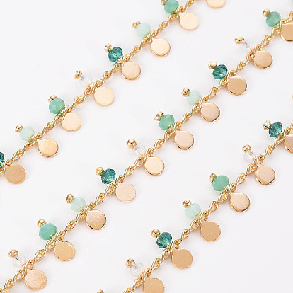 Латунные цепочки ручной работы, со стеклянными бусинами, пайки, катушка, плоские круглые прелести, реальный 18 k позолоченный