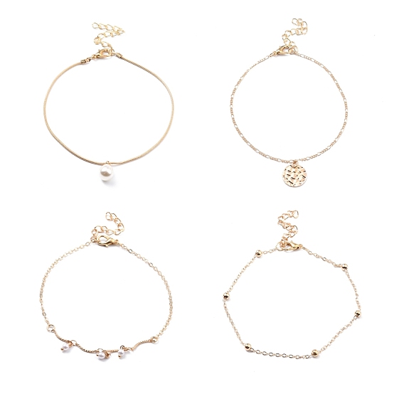 4Pcs 4 Style Alloy Chain Anklets Set, Resin Pearl and Flat Round Charm Anklets for Women