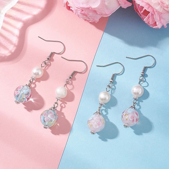 Круглые серьги с натуральным культивированным пресноводным жемчугом и подвесками в технике лэмпворк, с 304 нержавеющей стали серьги крючки, золотые