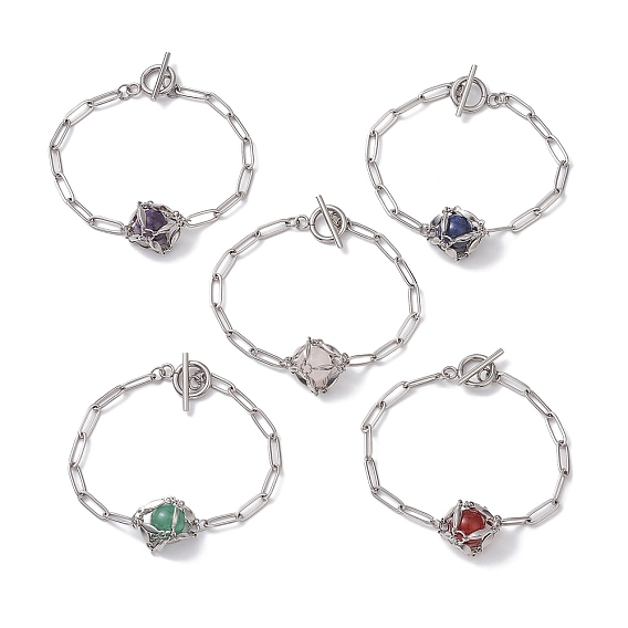 Круглые браслеты-мешочки в технике макраме со звеньями из смешанных драгоценных камней, 304 браслеты-цепочки со скрепками из нержавеющей стали для женщин и мужчин, нержавеющая сталь с цветным покрытием