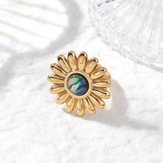 304 открытые кольца манжеты из нержавеющей стали, цветок, с кабошонами оболочки paua