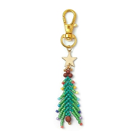 Christmas Tree Glass Seed Beads Pendant Decoration, Natural Red Jasper and Alloy Swivel Clasps Charm for Bag Ornaments