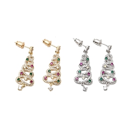 Серьги-гвоздики с подвесками из латуни с микропаве из кубических цирконий в виде рождественских елок