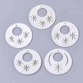 Natural Freshwater Shell Pendants, Flat Round with Star