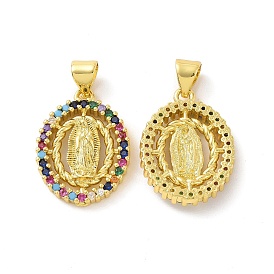 Rack Plating Eco-Friendly Brass Micro Pave Cubic Zirconia Pendants, Lead Free & Cadmium Free & Nickel Free, Oval with Virgin Mary