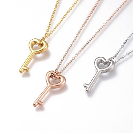 304 Stainless Steel Heart Key Pendant Necklaces, with Cable Chains and Lobster Claw Clasps