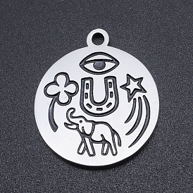 201 Stainless Steel Etched Pendants, Flat Round, Elephant & Clover & Start & Eye