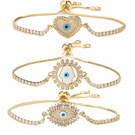 Fashionable Copper Zircon Geometric Eye Bracelet with Heart-shaped Decoration