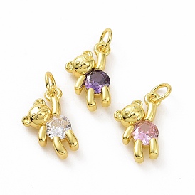 Brass Micro Pave Clear Cubic Zirconia Charms, with Jump Rings, Bear