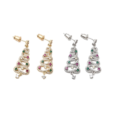 Серьги-гвоздики с подвесками из латуни с микропаве из кубических цирконий в виде рождественских елок