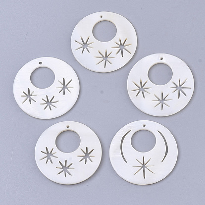 Natural Freshwater Shell Pendants, Flat Round with Star