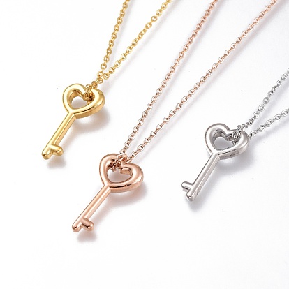 304 Stainless Steel Heart Key Pendant Necklaces, with Cable Chains and Lobster Claw Clasps