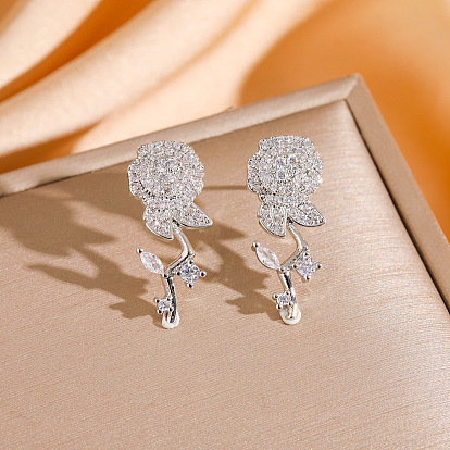 День святого Валентина 304 Серьги-гвоздики из нержавеющей стали и прозрачного кубического циркония, цветок розы, с фурнитурой латунной для серег