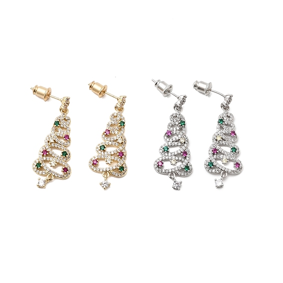 Серьги-гвоздики с подвесками из латуни с микропаве из кубических цирконий в виде рождественских елок