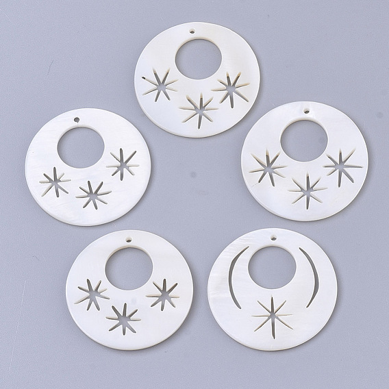 Natural Freshwater Shell Pendants, Flat Round with Star