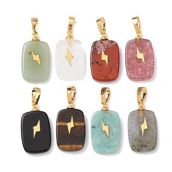 Драгоценный камень подвески, с латунной фурнитурой и 304 кабошонами из нержавеющей стали, золотые, Прямоугольные подвески с узором в виде молний