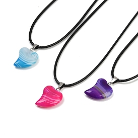 Ожерелья с подвеской в виде сердца из окрашенного натурального полосатого агата, плетеные черные шнуры ожерелья, цвет нержавеющей стали